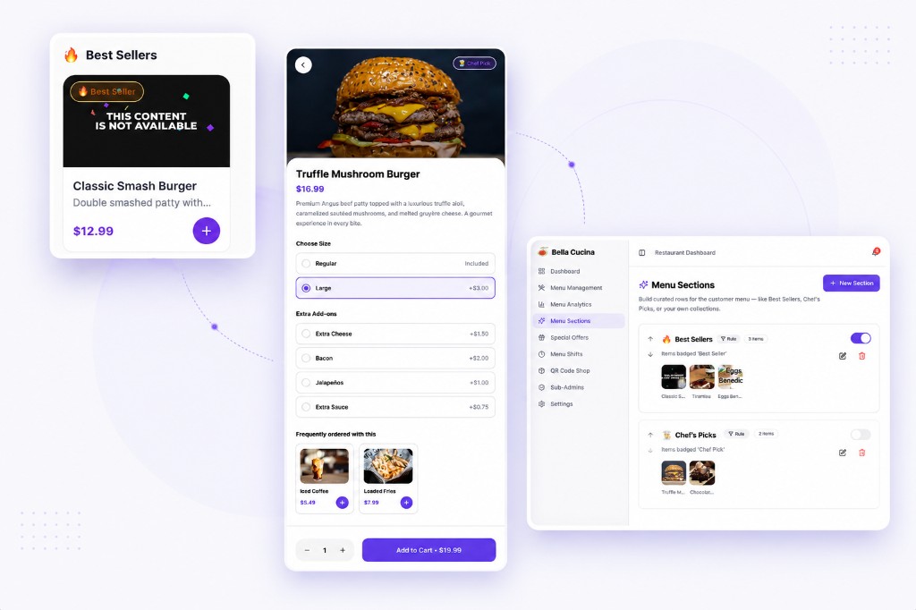 Smart upselling — dashboard, best sellers, and mobile menu